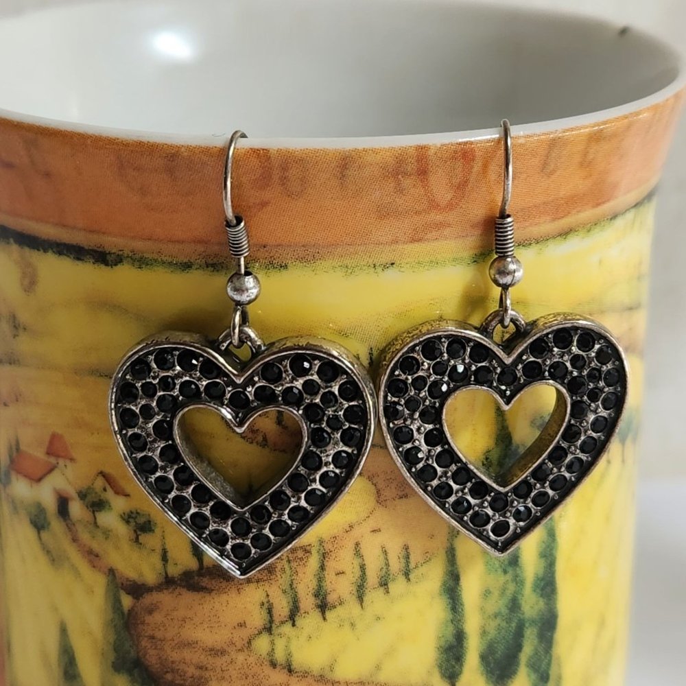 Vintage Silver Cubic Zirconia and Onyx Heart Drop - Picture 3 of 6